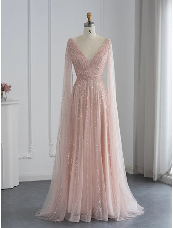 Luolandi A-Line Evening Gown Sparkle & Shine Dress Formal Fall Sweep / Brush Train Long Sleeve V Neck Sequined with Glitter Pleats Beautiful